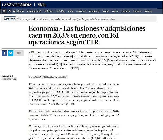 Las fusiones y adquisiciones caen un 20,3% en enero, con 161 operaciones, segn TTR